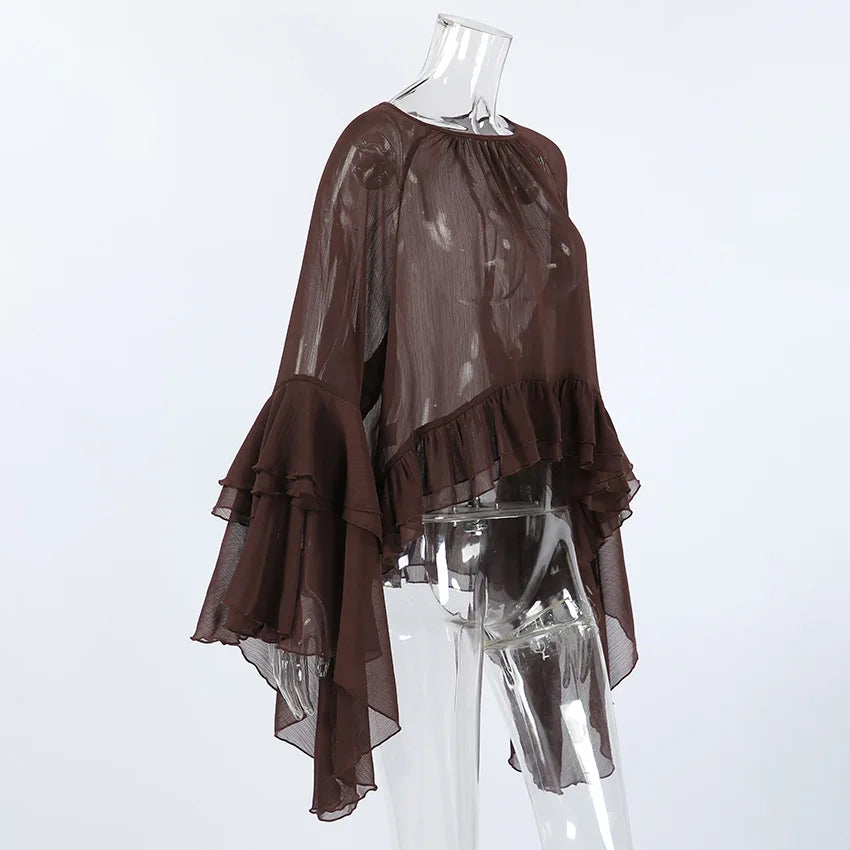 Ruffled Blouses for Women Boho Flowy Bell Sleeve Chiffon Top Sexy See Through Sheer Ruffle Hem Shirt Tops