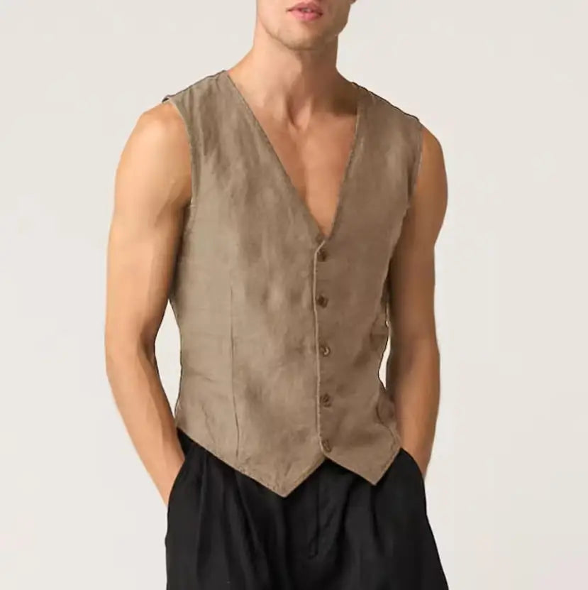 Linen Casual Men's Vest Cool Sleeveless Male Summer Single Breasted Suit Vests V Neck Vintage Jacket for Men Waistcoat