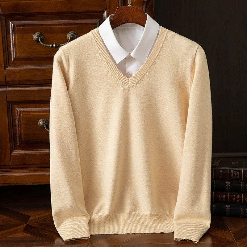 Autumn Winter Basic Merino Wool V-neck Sweater Men's Fashionable Casual Business Knitwear Cashmere Pullover Clothing Tops