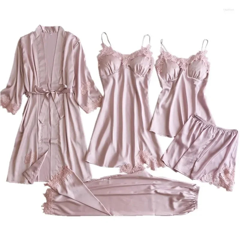 Women's Sleepwear Gray 5PCS Nightgown Set Women Lace Nightwear V-Neck Pajamas Suit Homewear Spring Robe Gown Sleep Wear Pijama Negligee