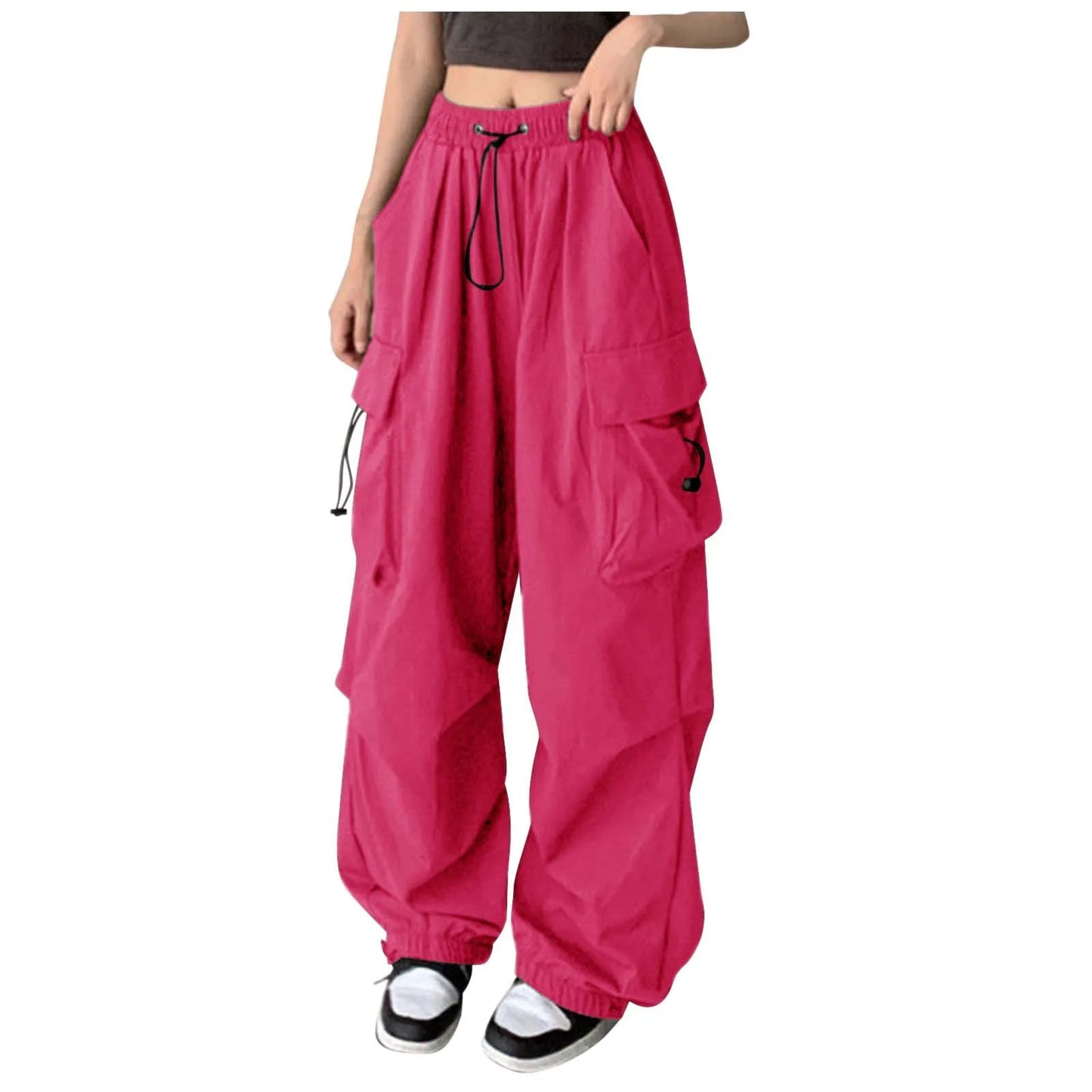 Cargo Pants for Women Drawstring High Waist Hip Hop Joggers Cargo Straight Trousers Vintage Solid Casual Streetwear Baggy