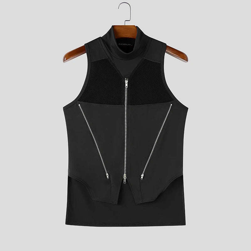 INCERUN Men Tank Tops Mesh Patchwork Turtleneck Zipper See Through Sleeveless Men Clothes Streetwear Irregular Tops Male Vests