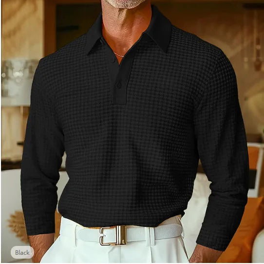 Men's Waffle Knit Long Sleeve Polo Shirt, Solid Textured Casual Golf Shirt, Breathable Pullover for Business & Daily