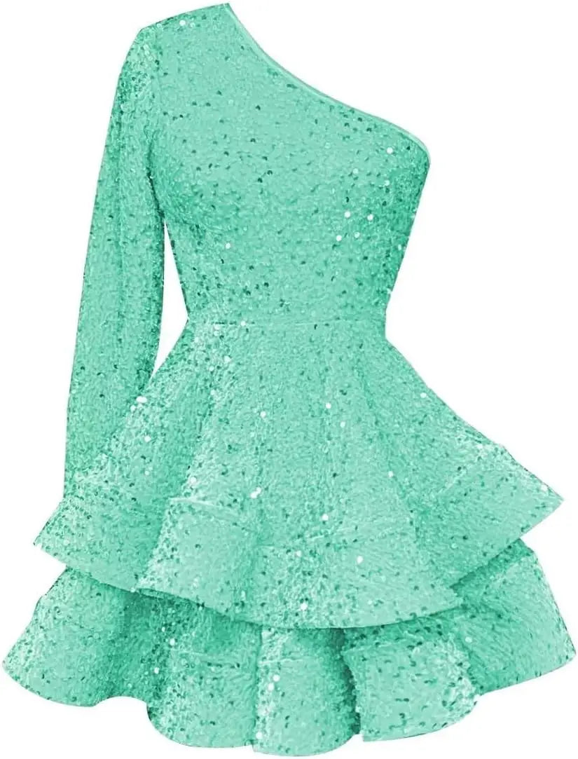 Long Sleeve Velvet Sequin Homecoming Dresses Teens Sparkly One Shoulder Short Prom Dress Layered Cocktail Party Graduation Dress