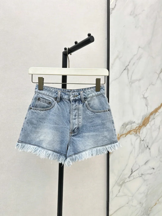 Summer Women's Denim Shorts With Printed Pockets Tassels Casual Washed Cotton Shorts