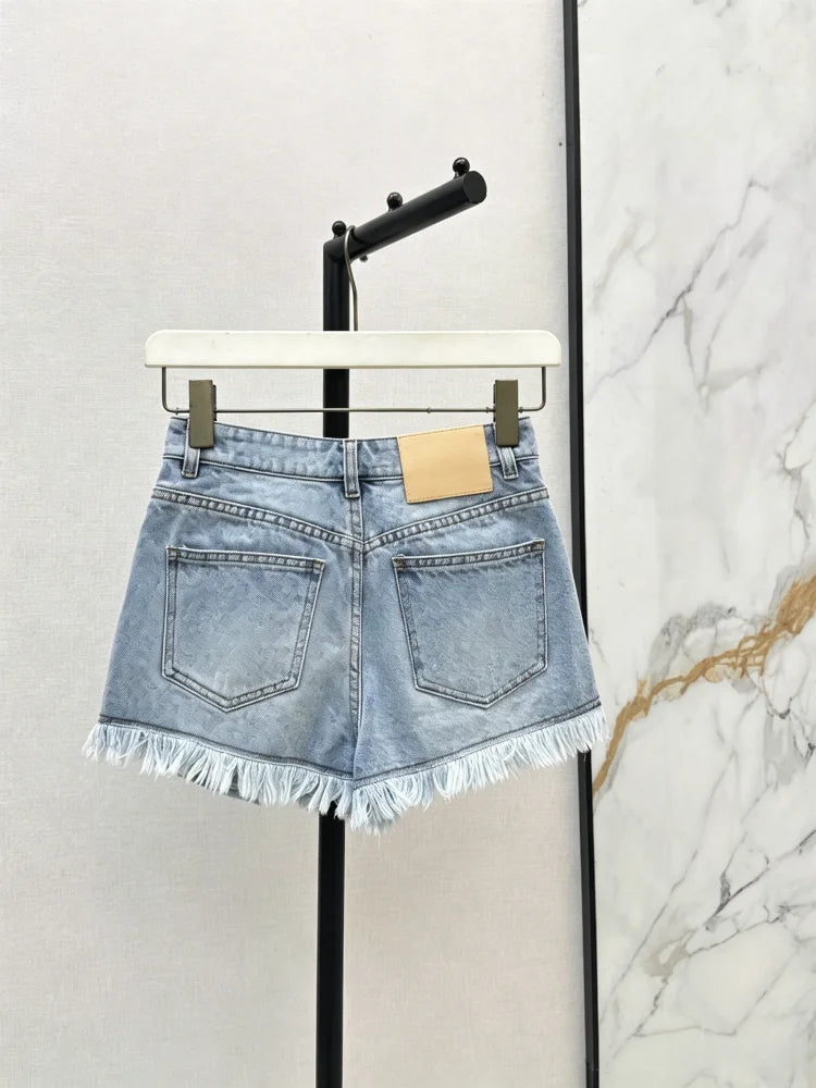 Summer Women's Denim Shorts With Printed Pockets Tassels Casual Washed Cotton Shorts