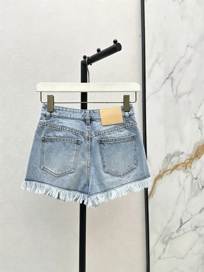 Summer Women's Denim Shorts With Printed Pockets Tassels Casual Washed Cotton Shorts
