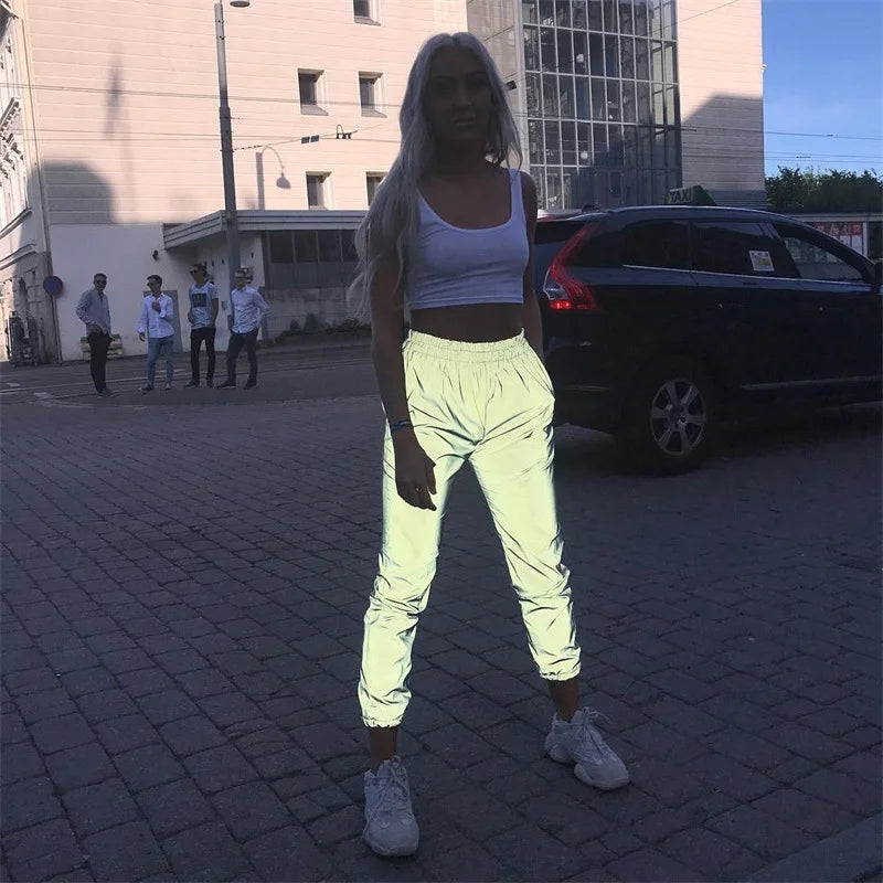 Women Flash Reflective Joggers Lady Hip Hop Fashion Pants Autumn Winter Solid Color Casual Gray Street Wear Trousers