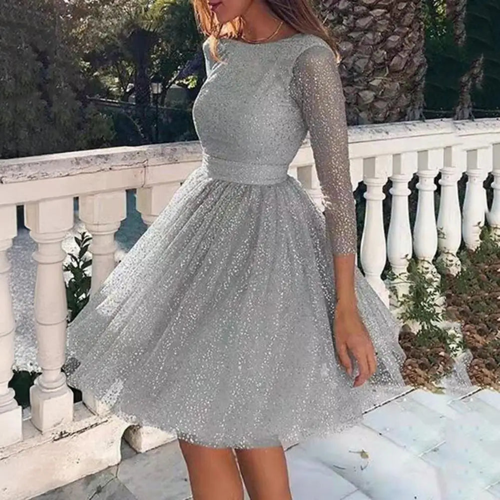 Dazzling Evening Gown Glitter Starry Tulle Prom Dress Crew Neck Formal Women Evening Dress Mesh Cocktail Party Short Dress 80%