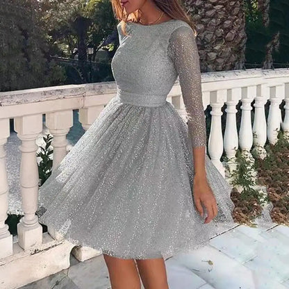 Dazzling Evening Gown Glitter Starry Tulle Prom Dress Crew Neck Formal Women Evening Dress Mesh Cocktail Party Short Dress 80%