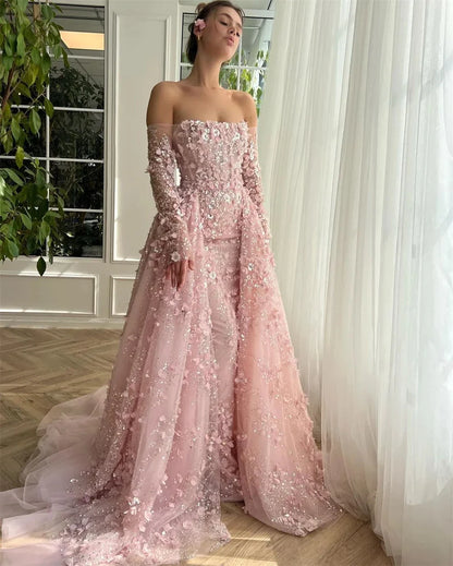 Customized Flowers Strapless Long Sleeve A Line Formal Occasion Evening Gown Arab Saudi Evening Dresses Plus Size