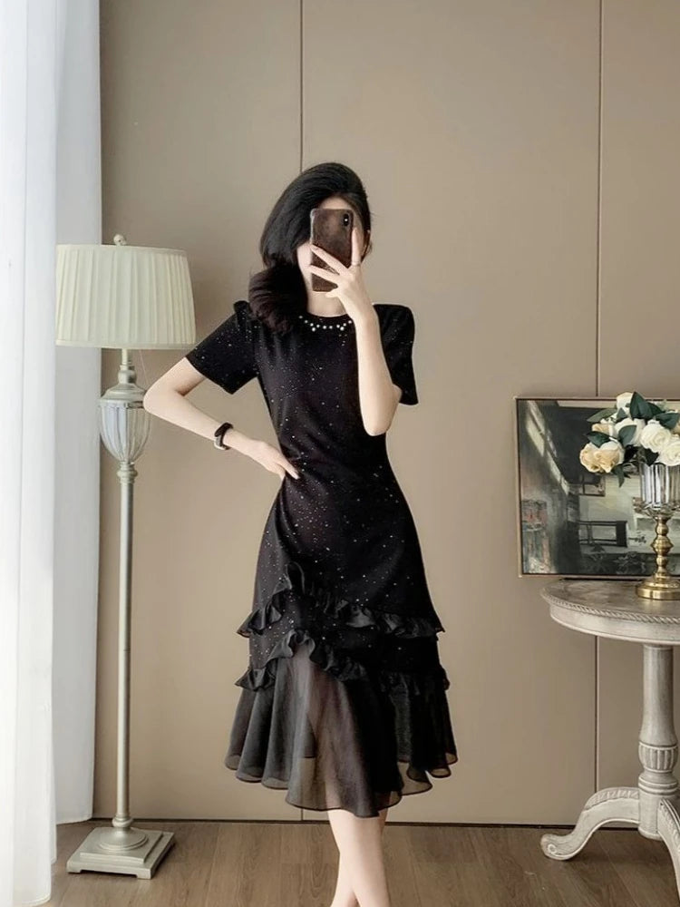 Women's Black Beaded Evening Dress 2026 Summer High Waist Slim Fit Mesh Panel Mermaid Hem Party Gown