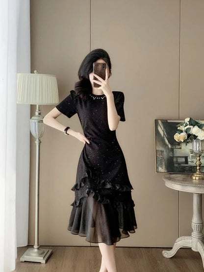 Women's Black Beaded Evening Dress 2026 Summer High Waist Slim Fit Mesh Panel Mermaid Hem Party Gown