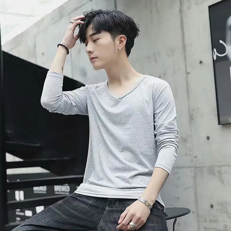 Business Style Long Sleeve T-Shirt for Men Loose Fit Thin Cotton Top Youth Version Bottom Shirt for Work Autumn Wear