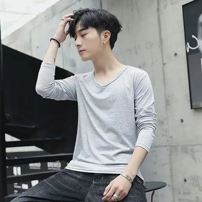 Business Style Long Sleeve T-Shirt for Men Loose Fit Thin Cotton Top Youth Version Bottom Shirt for Work Autumn Wear