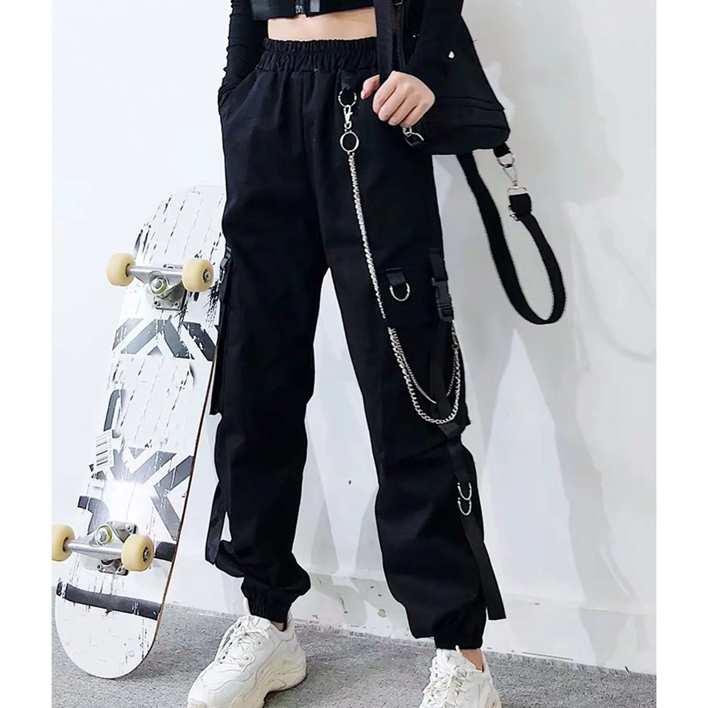 Cargo Pants for Women Harem Pants Fashion Punk Pockets Jogger Trousers With Chain Harajuku Elastics High Waist Women's Pants