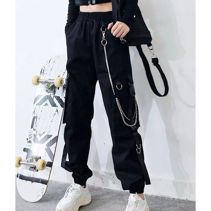 Cargo Pants for Women Harem Pants Fashion Punk Pockets Jogger Trousers With Chain Harajuku Elastics High Waist Women's Pants