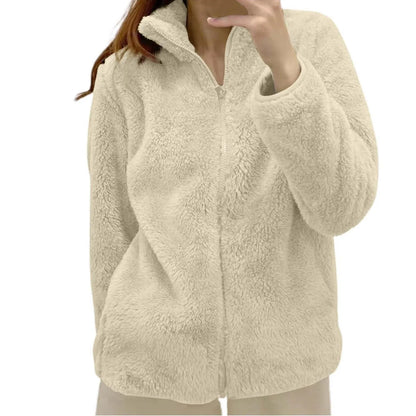 Women Casual Zip Up Fleece Jacket Solid Color Long Plush Polar Warm Zipper Outwears Female Gils Lamb Wool Jackets With Pockets