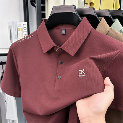 Mens Vertical Fine Rib Short Sleeve Polo Shirts Minimal Chest Embroidery Anti Crease Soft Comfort Daily Business Shirts