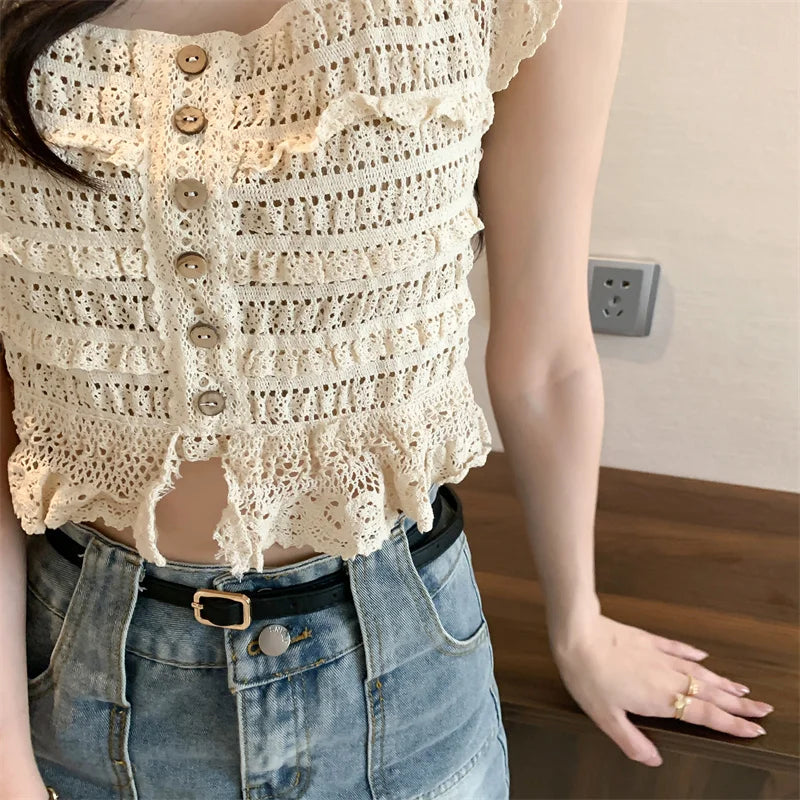 Smocked Ruffled Tank Top with Lace Trim Crochet Top Women's Button-up Pointelle Crop Cami Vest Spring Summer 2026 Y2K 90s