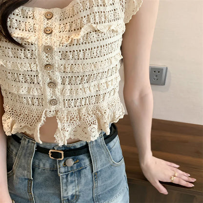 Smocked Ruffled Tank Top with Lace Trim Crochet Top Women's Button-up Pointelle Crop Cami Vest Spring Summer 2026 Y2K 90s