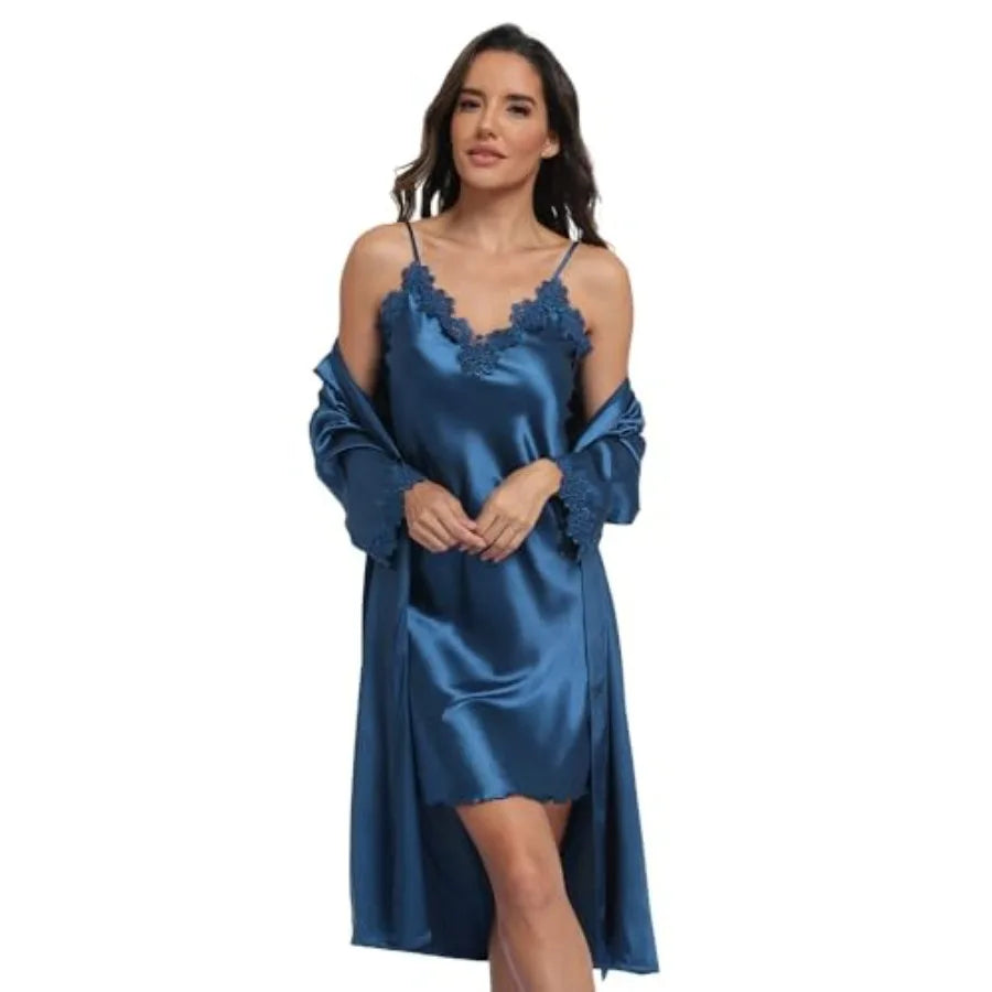 SPLASHGRIP Women's Satin Silk Nightgown with Robes Set 2 Pcs Sexy Lace Cami Nightwear Pajama Sets Kimono Bridesmaid Robes