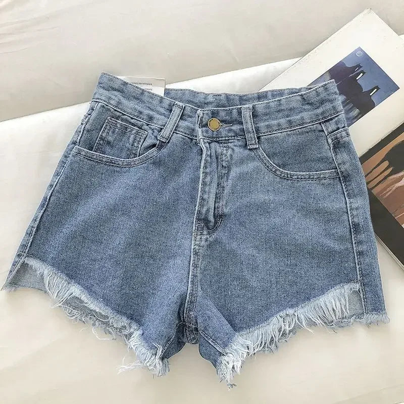 Women's 2026 High Waist Raw Edge Wide Leg Solid Denim Korean Casual Summer Shorts