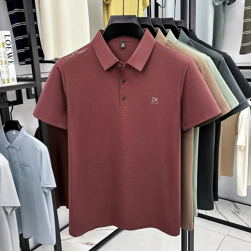 Mens Vertical Fine Rib Short Sleeve Polo Shirts Minimal Chest Embroidery Anti Crease Soft Comfort Daily Business Shirts