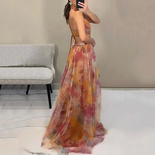 Women Backless Slip Evening Dress Mesh Colorful Printing Low-cut Spaghetti Strap Pleated Floor Length Tight Waist Maxi Dresses