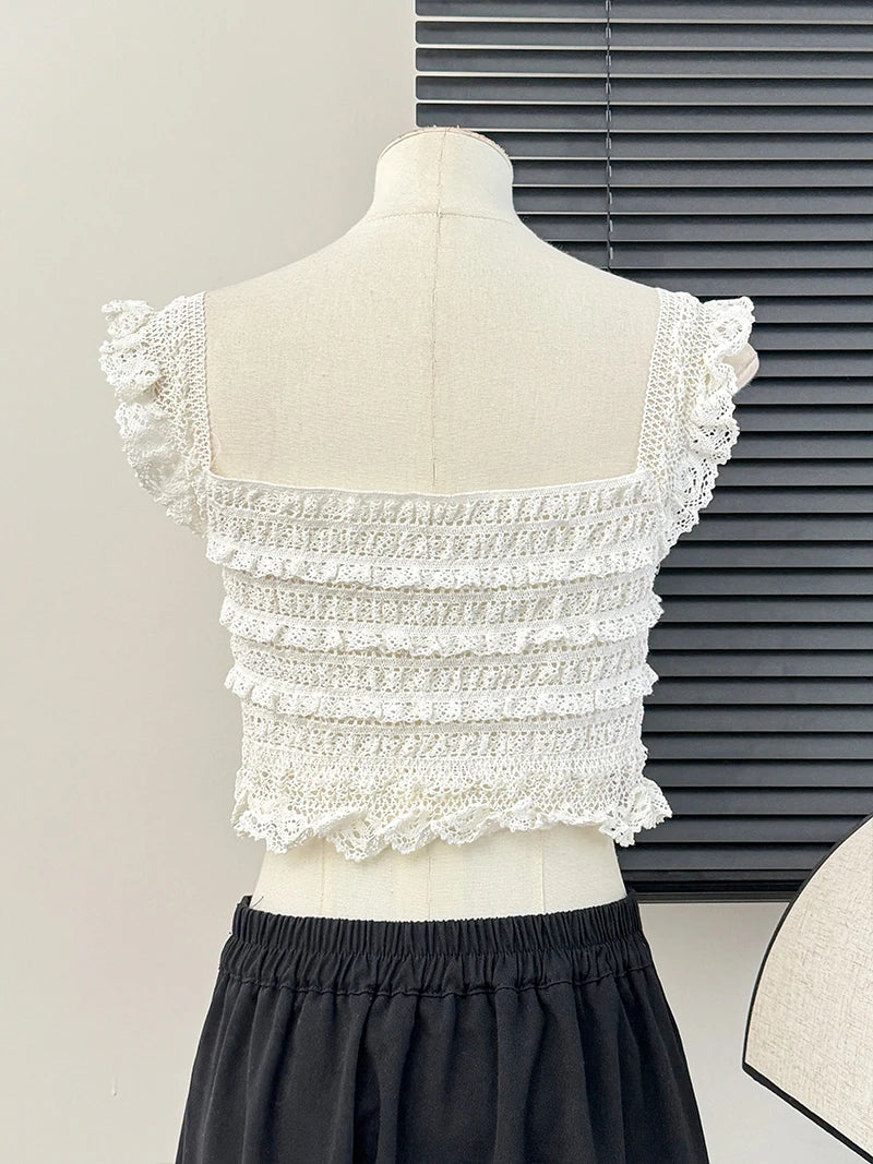 Smocked Ruffled Tank Top with Lace Trim Crochet Top Women's Button-up Pointelle Crop Cami Vest Spring Summer 2026 Y2K 90s