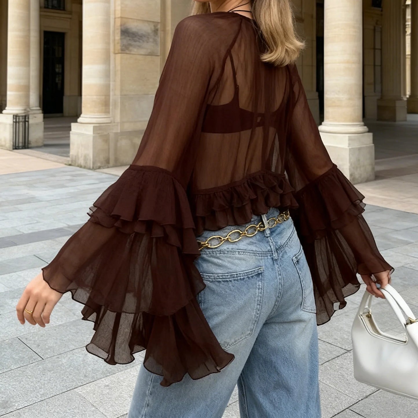 Ruffled Blouses for Women Boho Flowy Bell Sleeve Chiffon Top Sexy See Through Sheer Ruffle Hem Shirt Tops
