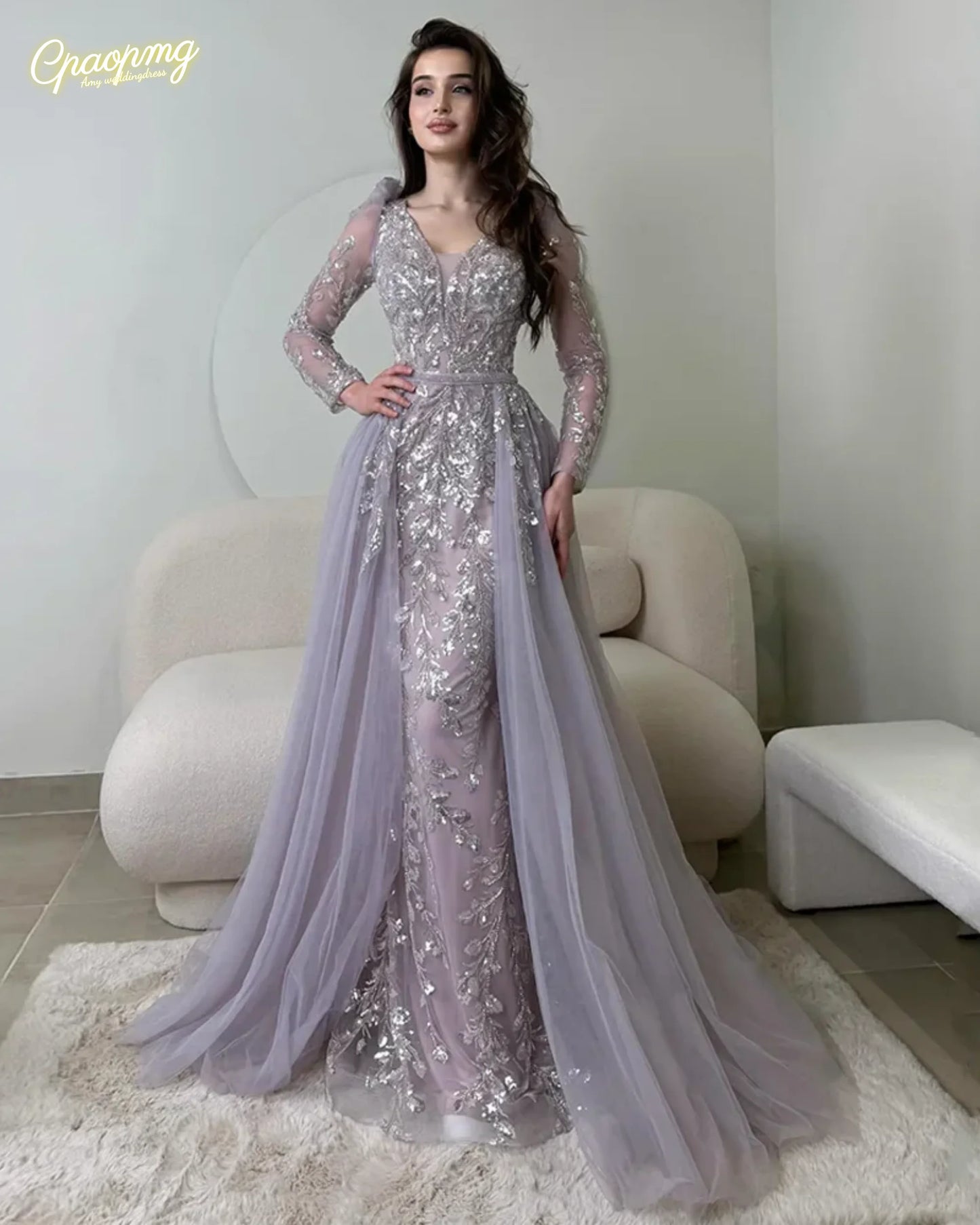 Customized Sparkling Beaded Applique Evening Dress with Tulle Train V Neck Long Sleeves Mermaid Party Gown Formal Dresses