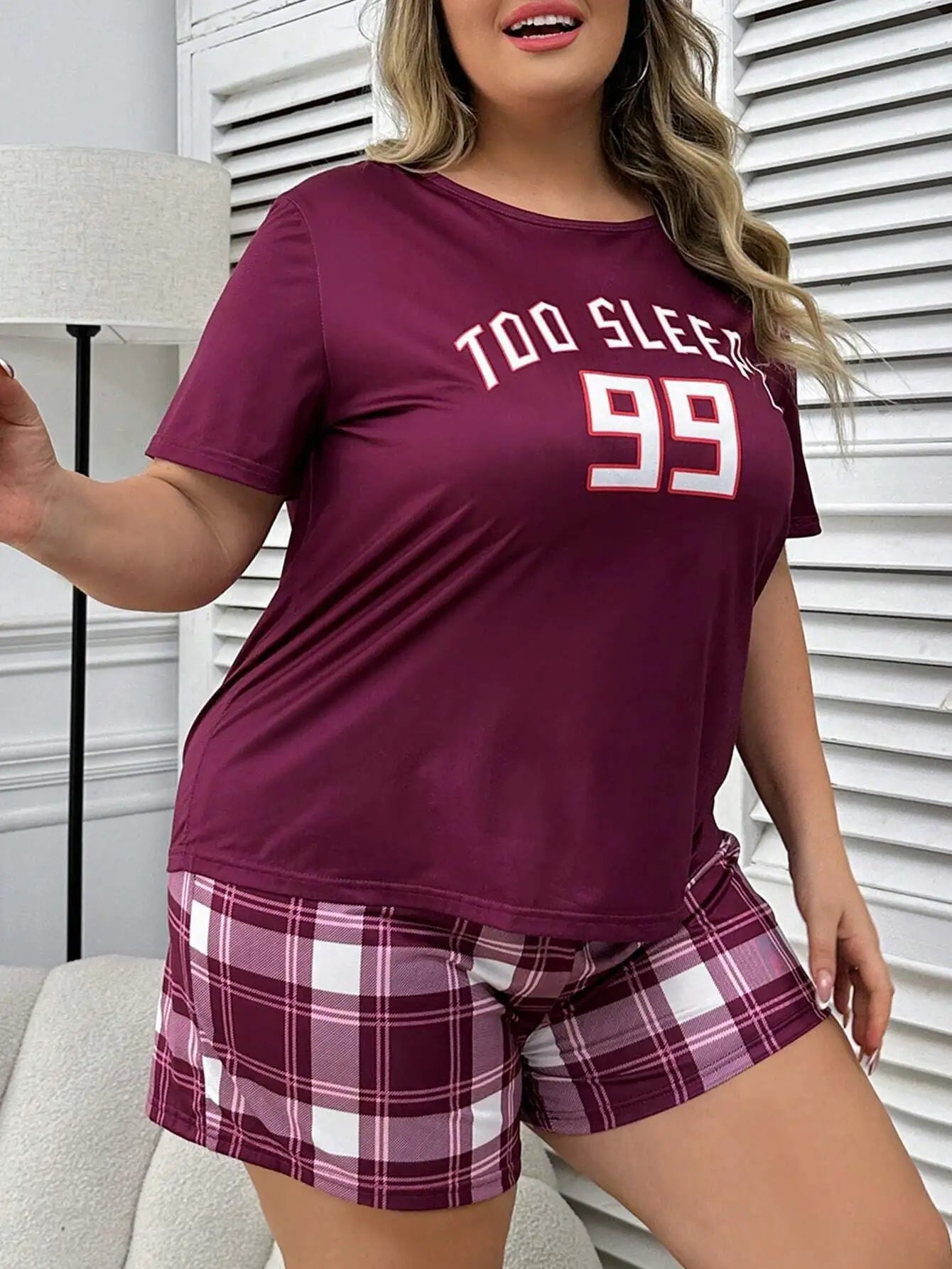 Plus Size Loose Fit Short Sleeve Top with Graphic Print and Plaid Shorts Pajama Set