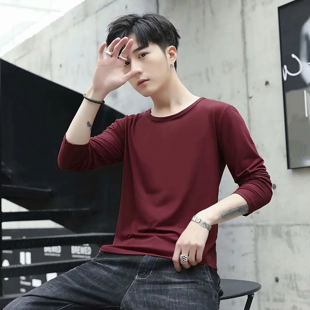 Business Style Long Sleeve T-Shirt for Men Loose Fit Thin Cotton Top Youth Version Bottom Shirt for Work Autumn Wear