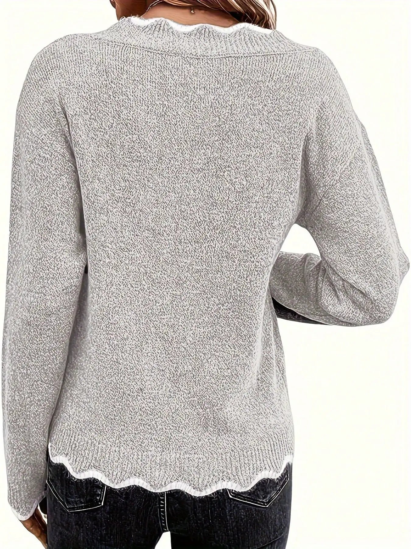 Women's Scalloped V Neck Long Sleeve Knit Sweater with Contrast Trim