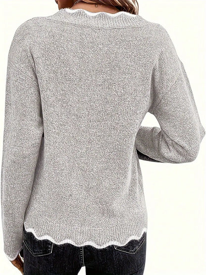 Women's Scalloped V Neck Long Sleeve Knit Sweater with Contrast Trim