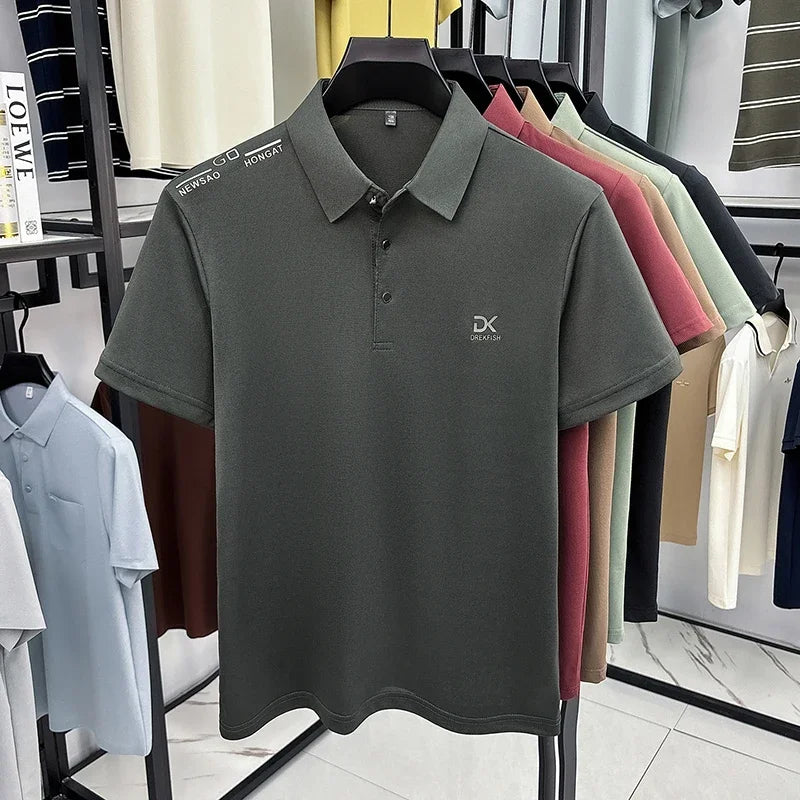 Mens Vertical Fine Rib Short Sleeve Polo Shirts Minimal Chest Embroidery Anti Crease Soft Comfort Daily Business Shirts