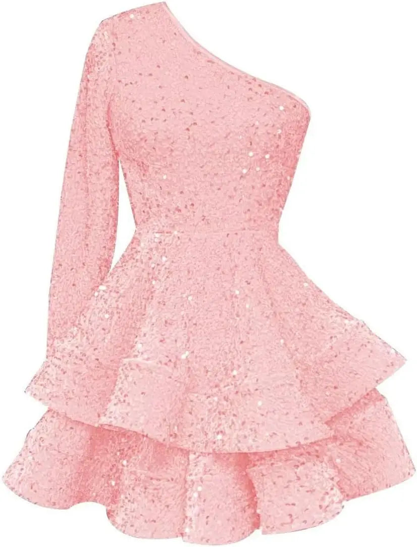 Long Sleeve Velvet Sequin Homecoming Dresses Teens Sparkly One Shoulder Short Prom Dress Layered Cocktail Party Graduation Dress