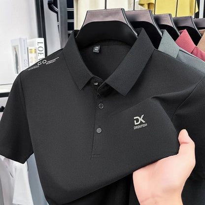 Mens Vertical Fine Rib Short Sleeve Polo Shirts Minimal Chest Embroidery Anti Crease Soft Comfort Daily Business Shirts