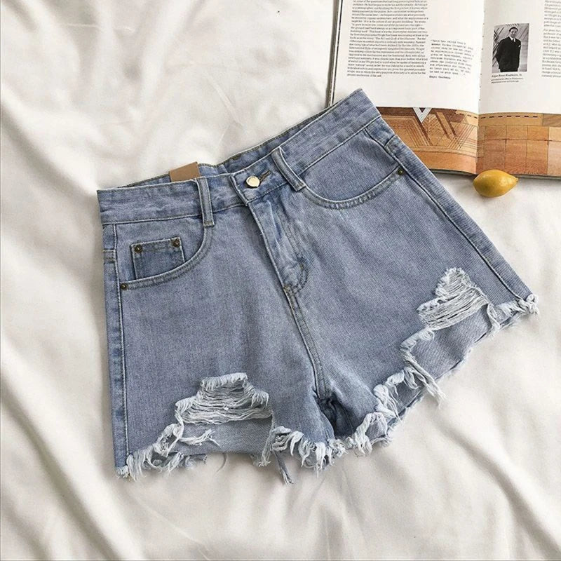 Korean Denim Shorts Women Summer Fashion Casual High Waist Ripped Jeans Pocket Tassel Hot Pants Streetwear Blue Trousers