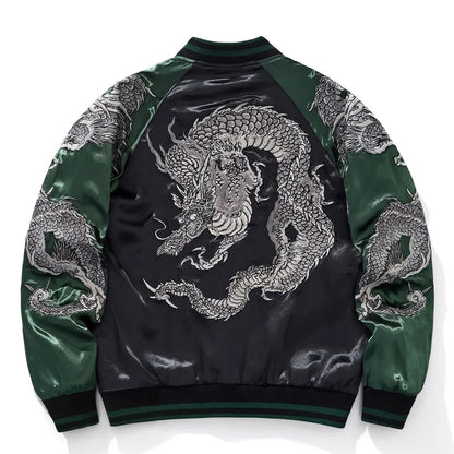 Harajuku Yokosuka Dragon Embroidered Jacket Autumn Street Hip Hop Men's Green Sleeve Japanese Coat