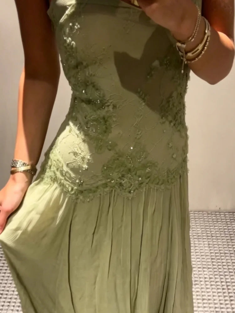 Women's Lace Spliced Dress Sage Green Floral Embroidery Spaghetti Strap Flowy Long Dress Elegant Bohemian Summer Party Dress