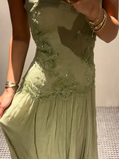 Women's Lace Spliced Dress Sage Green Floral Embroidery Spaghetti Strap Flowy Long Dress Elegant Bohemian Summer Party Dress