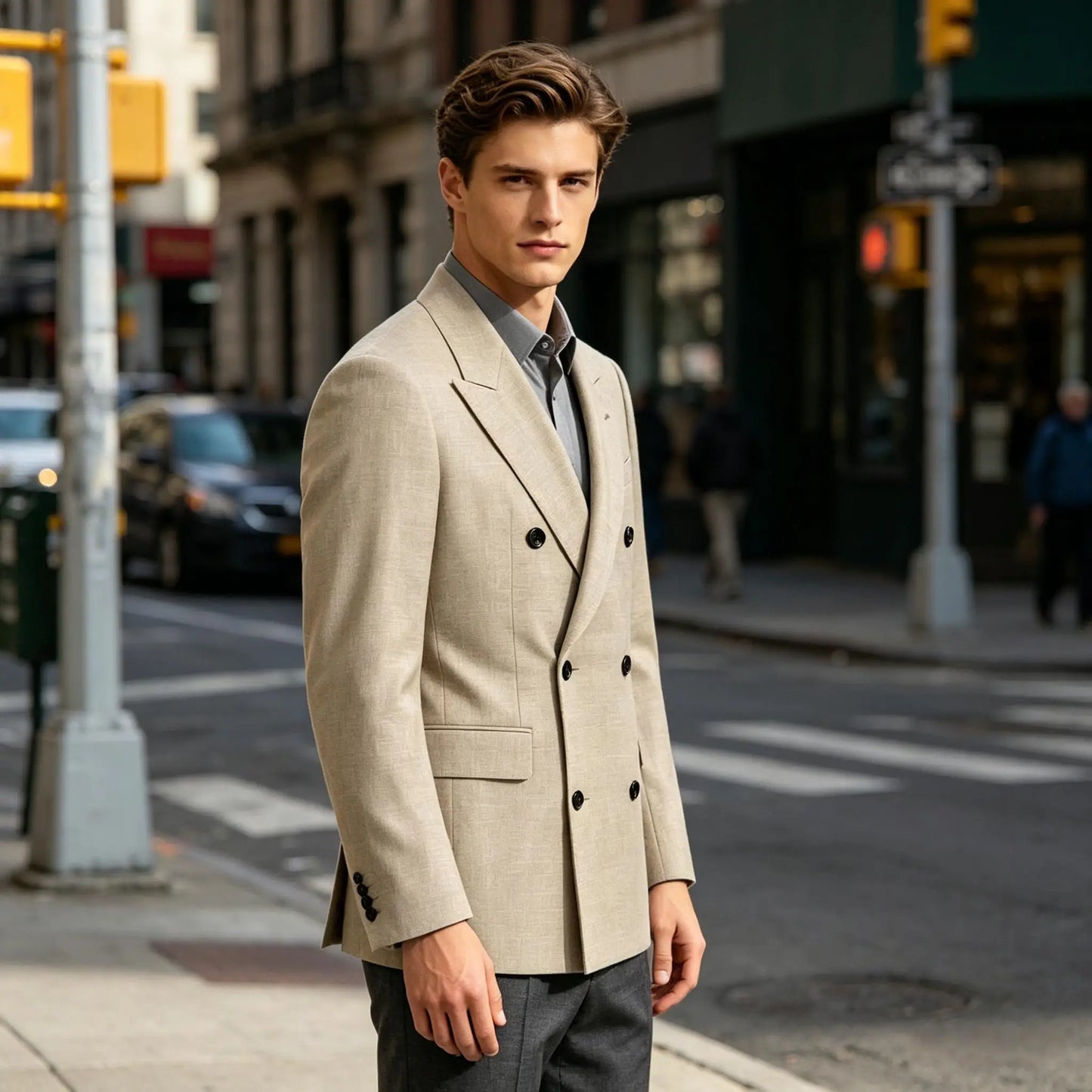 Men's Linen Blend Double Breasted Blazer Peak Lapel Breathable Wrinkle Resistant Business Suit Jacket For Wedding Daily Wear