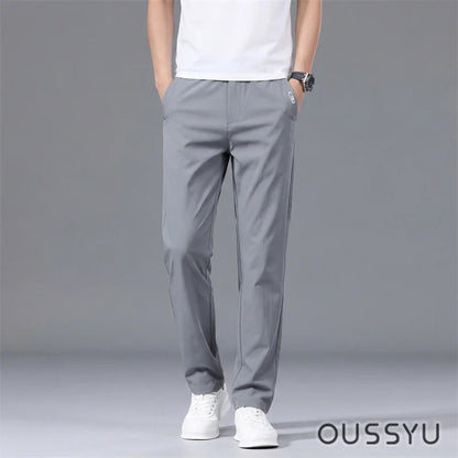 Good Quality Summer High Stretch Men's Casual Pants Polyamide Fiber Slim Straight Business Elastic Waist Work Chino Thin Trouser