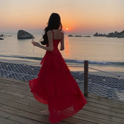 Holiday Sexy Club Birthday Party Backless Dress Women Summer V Neck Sleeveless Spaghetti Strap Mesh Tulle Ruffled Long Dresses