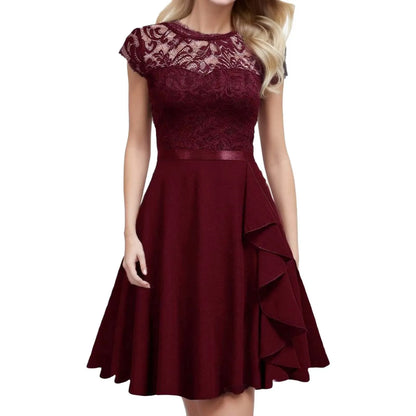 Ladies Casual Cocktail Dress With Waist Crew Neck Lace Short Sleeved Temperament Dresses Solid Formal Party Dresses Woman