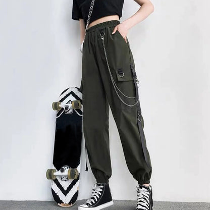 Cargo Pants for Women Harem Pants Fashion Punk Pockets Jogger Trousers With Chain Harajuku Elastics High Waist Women's Pants