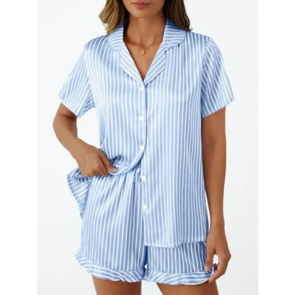 LILLUSORY Womens Satin Silk Pajamas Set 2 Pcs Ruffle Pjs Winter Matching Lounge Sleepwear Button Down Striped Shirt Shorts