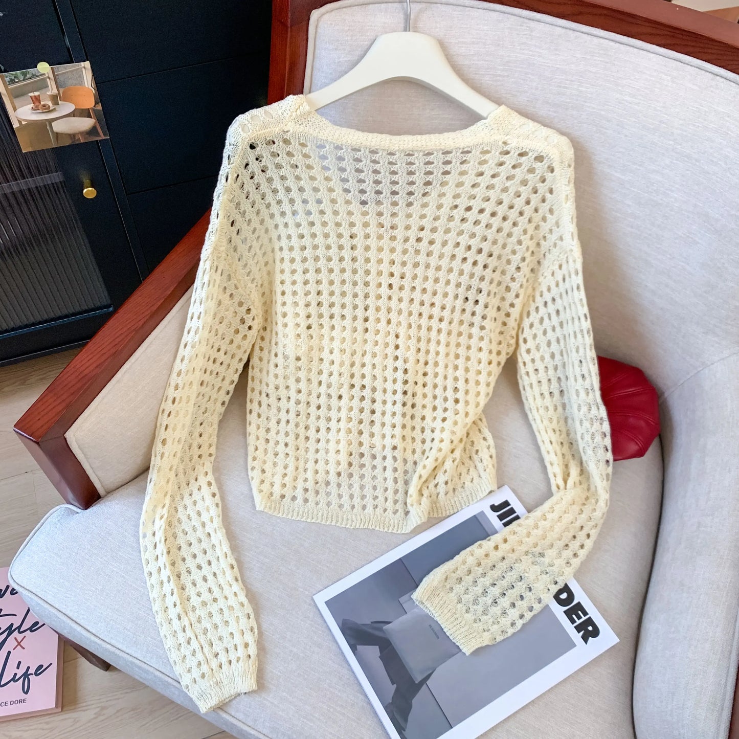 Crochet Cardigan Women Multicolor Heart Button Front Long Sleeve Sheer Openwork Knit Top Jacket Teen-girl Boho Vacation Outfit